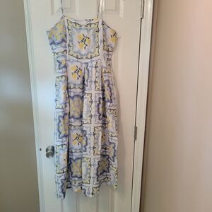LOFT Blue and Yellow Patterned Midi Dress WITH POCKETS 😆